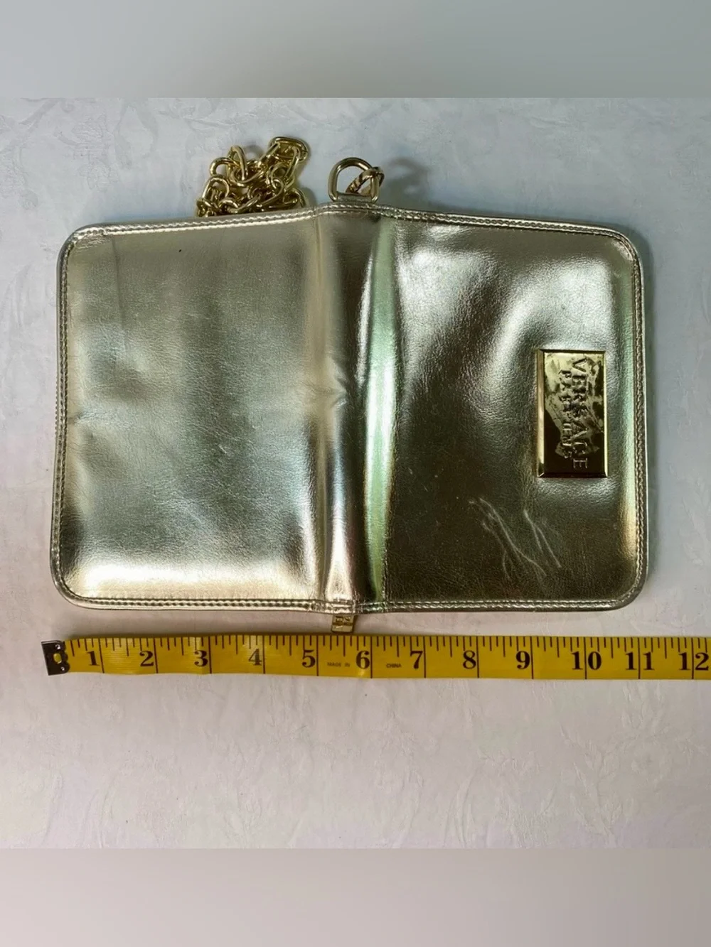 Versace Parfums Gold Metallic Zip-Around Wallet Clutch Wristlet Organiser wChain